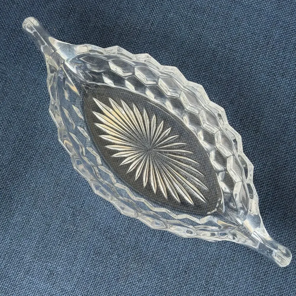 Fostoria American Small Boat Relish Dish Clear Cubist Pressed Glass w/ Handles